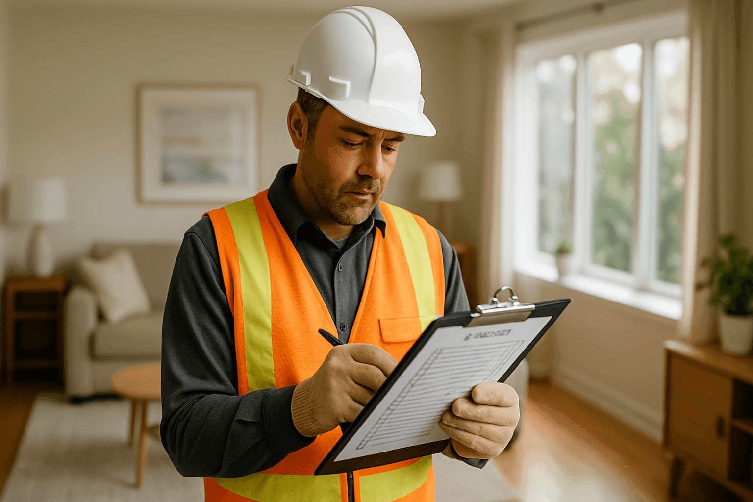 Inspector reviewing a detailed home inspection checklist on clipboard inside a bright living room